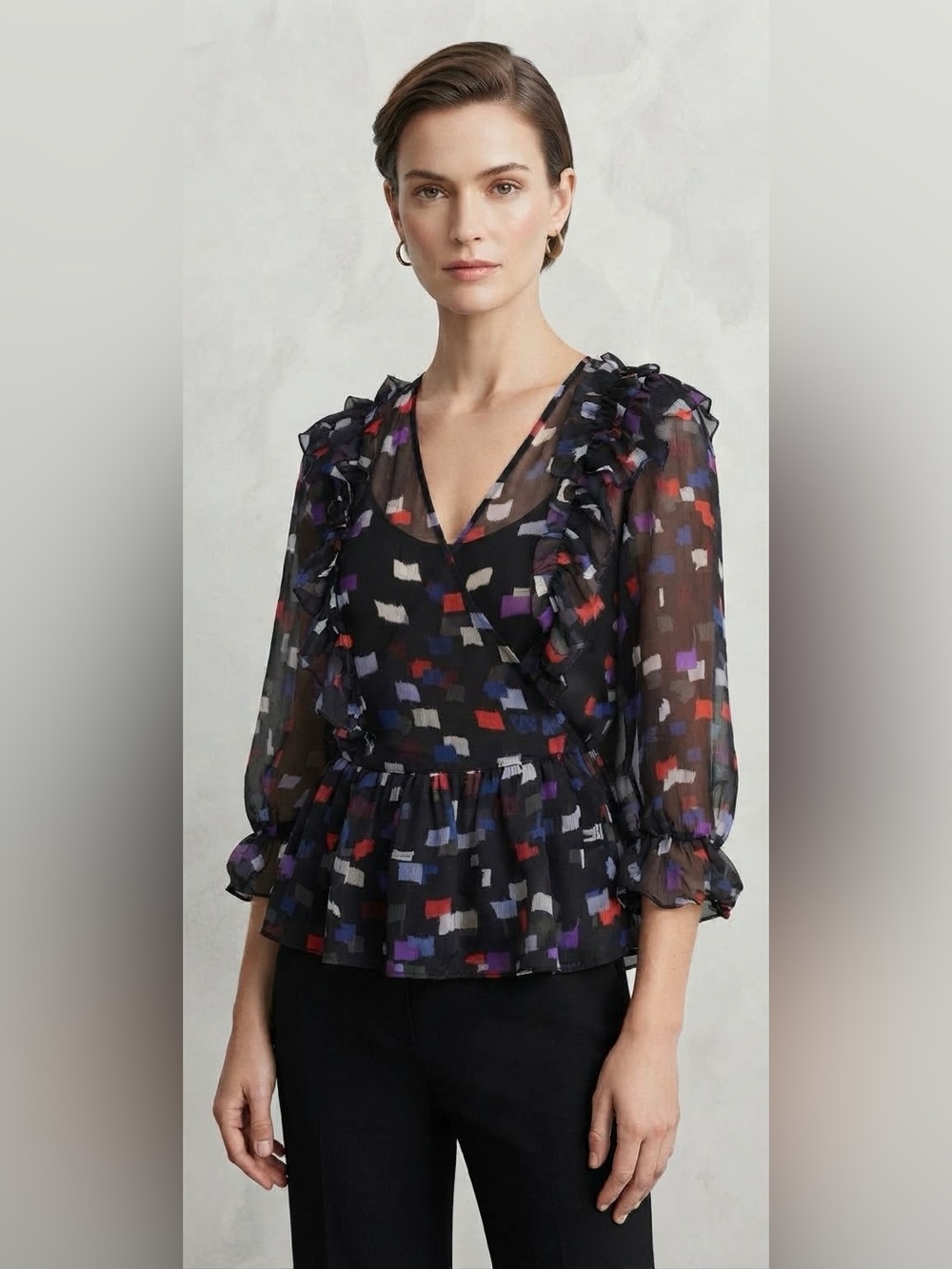 Joie 100% Silk Sample Abstract Confetti Print Ruffled Wrap Blouse Top